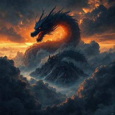 Primary subject: A dragon with a long tail and a fiery red head.

Setting/background: A cloudy sky with a castle in the background.

Visual style: Digital art.

Colors and mood: The dragon has a fiery red head and a blue body, creating a dramatic and intense atmosphere.